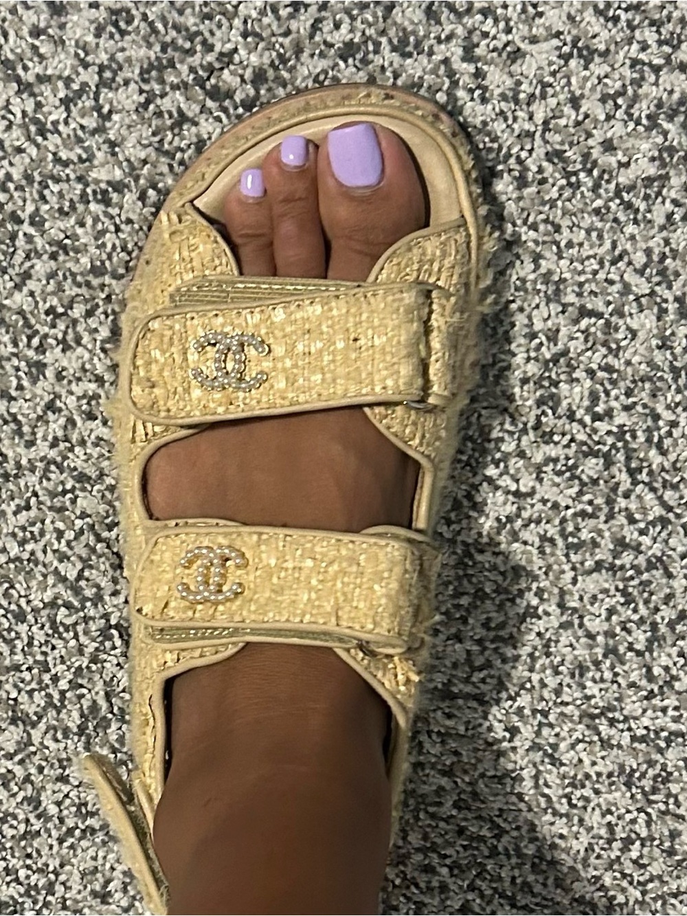 CC Tweed Pearl-Logo Sandal in Beige